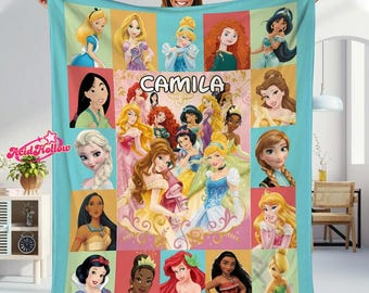 Custom Disneyland Princess Blanket, Princess Blanket Gift for Her, Cinderella Snow White Belle Jasmine Ariel Princess, Birthday Girl Blanket