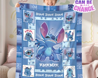 Personalized Stitch Blanket, Custom Name Lilo And Stitch Disneyland Blanket, Stitch Birthday Gifts, Stitch Blanket Gifts For Girl Boy
