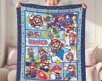 Custom Name Super Mario Blanket, Super Mario Luigi Priness Peach Bowser Blanket, Mario Video Game Throw Blanket Gift For Bed Couch Sofa
