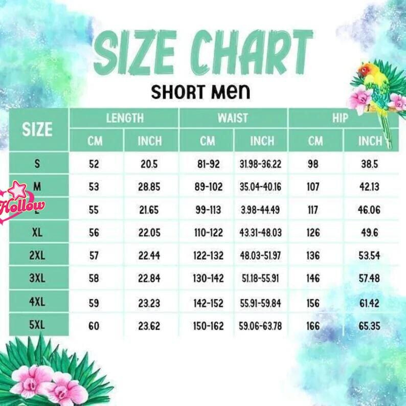 The image is a size chart for a short sleeve Hawaiian shirt, including a diagram of the shirt and a table with measurements for different age groups.