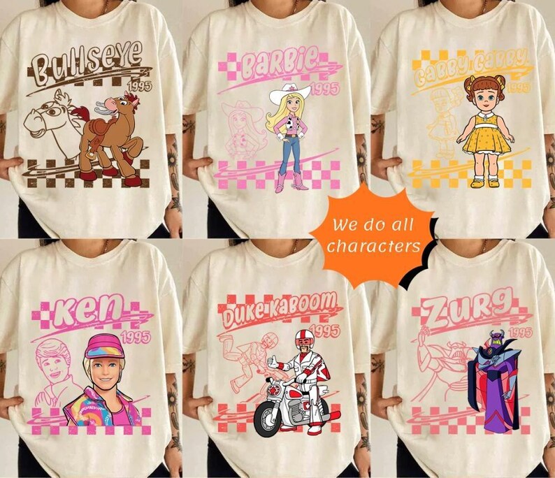 Retro Disneyland Pixar Toy Story All Characters Checkered Signature Shirt, Woody, Buzz, Jessie, Bo Peep, Personalized Group Matching Tee image 2