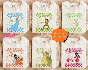 Retro Peter Pan All Characters Checkered Signature Shirt, Wendy, Tinker bell, Captain Hook, Personalized Group Matching Tee