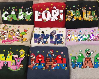 Personalized Super Mario All Characters Custom Name T-shirt, Mario Luigi Bowser Peach Princess Name Shirt, Birthday Boy Girl Gamer Shirt