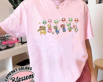 Watercolor Super Mario Balloon T-shirt, Mario Luigi Peach Princess Toad Video Game Birthday Girl Boy Shirt, Adult & Kids shirt