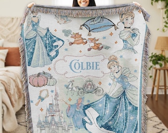Personalized Cinderella Princess Woven Blanket, Disneyland Princess Woven Blanket, Custom Cinderella Princess Woven Blanket, Princess Gift