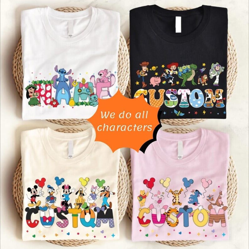 Custom Name Disneyland Characters T-Shirts, Walt DisneyWorld Shirt, Disneyland Family Matching Trip Tee, Disneyland Characters Alphabet image 1
