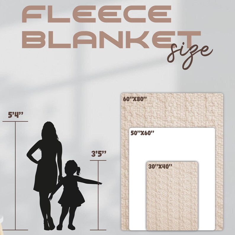 The image is a collage of silhouettes of a woman and a child, along with size measurements for different blanket sizes.