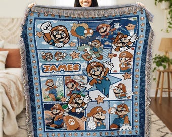 Personalized Super Mario Woven Blanket, Custom Name Mario Birthday Blanket, Super Mario Luigi Princess Peach Blanket, Mario Christmas Gift