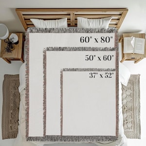 a bed with three different size blankets laid out on it, each with a different size indicated by the text.