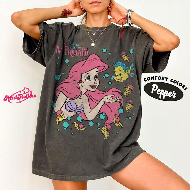 Disneyland The Little Mermaid Ariel Princess & Flounder Bubble Poster T-Shirt, Gift For Her, Princess Ariel Shirt, WDW Disneyland Girls Trip image 2