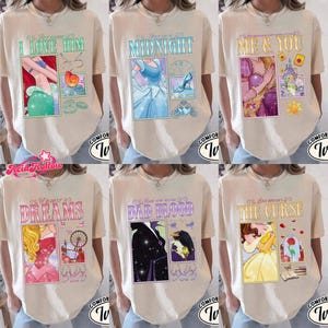 Personalized Disneyland Princess Comfort Colors Shirt, Cinderella Jasmine Ariel Belle Aurora Mashup Graphic Tee, Vintage Character T-Shirt image 1