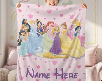 Personalized Disneyland Princess Blanket, Watercolor Princess Blanket, Belle Rapunzel Tiana Ariel Elsa Blanket, Birthday Girl, Xmas Blanket