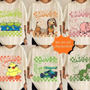 Retro Disneyland Pixar Toy Story All Characters Checkered Signature Shirt, Woody, Buzz, Jessie, Bo Peep, Personalized Group Matching Tee image 3