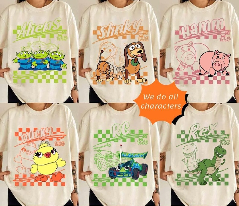 Retro Disneyland Pixar Toy Story All Characters Checkered Signature Shirt, Woody, Buzz, Jessie, Bo Peep, Personalized Group Matching Tee image 3