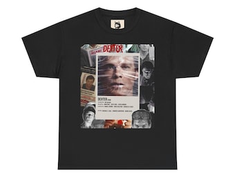 May include: Black t-shirt featuring a collage of images and text from the television show "Dexter." The central image is a close-up of the main character's face, with the show's title and other details visible.