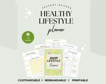 May include: A digital healthy lifestyle planner with 78 pages, featuring a green cover with the text "Healthy Lifestyle Planner." The image includes various printable pages for tracking spending, gratitude, and more. The words "Instant Access," "Customizable," "Rebrandable," and "Printable" are also visible.