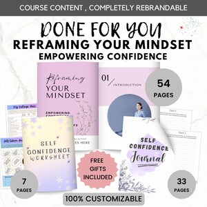 May include: A collection of self-help materials, including a journal, worksheet, and guide titled "Reframing Your Mindset." The materials are in shades of purple and white, with the text "Empowering Confidence." The image also includes the text "Done For You."