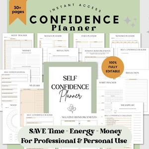 Op de afbeelding: Een digitale zelfvertrouwensplanner met meer dan 30 pagina's, inclusief slaaptrackers, week- en dagplanners en zelfvertrouwen-dagboeken. De planner is volledig bewerkbaar en ontworpen voor professioneel en persoonlijk gebruik.