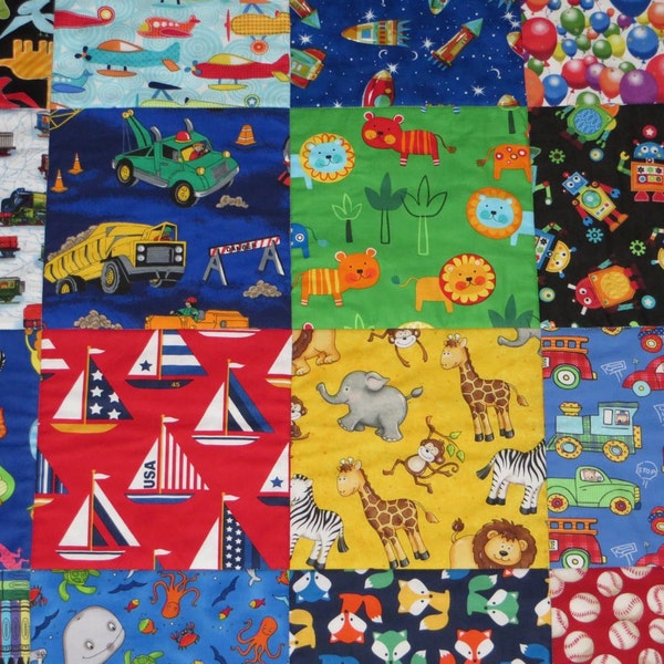 Baby  Boy Quilt,  Blue,  Primary Colors, Sailboats,  Dinosaurs,Trains, Trucks,  Animals, Baseball, Robots, Handmade and READY TO SHIP