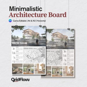 May include: Two architectural design boards are suspended against a white background. The boards feature the text "Minimalistic Architecture Board" and "Horizon Pavilion." The boards showcase architectural renderings and floor plans, with the Canva logo visible.