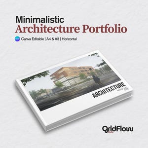 Könnte beinhalten: Ein weißes Portfolio mit dem Titel "Minimalistic Architecture Portfolio" mit einer Gebäudedarstellung auf dem Cover. Der Text "Canva Editable | A4 & A3 | Horizontal" befindet sich über dem Portfolio. Das Wort "ARCHITECTURE" ist auf dem Cover aufgedruckt.