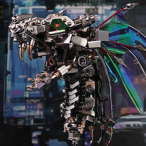 May include: A detailed, metallic dragon sculpture with intricate mechanical components. The dragon features iridescent wings, sharp claws, and a menacing expression. It is mounted on a black circular base, showcasing a futuristic, steampunk aesthetic.