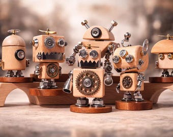 Punk Brick Man Robot Model Kit – Steampunk Wooden Blind Box Desk Decor