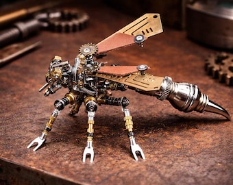 Steampunk Mechanical Wasp Figurine – Handmade Metal Insect Sculpture, Industrial Cyberpunk Art Gift