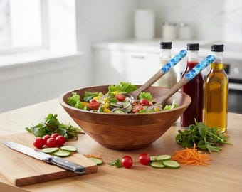 Set di ciotole da insalata personalizzate in legno di acacia / Ciotola da portata in legno incisa con utensili
