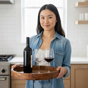 Puede incluir: Una mujer sostiene una bandeja de madera con una botella de vino tinto y dos copas de vino, una de ellas llena de vino tinto. La bandeja est&aacute; en un entorno de cocina con una estufa y armarios.