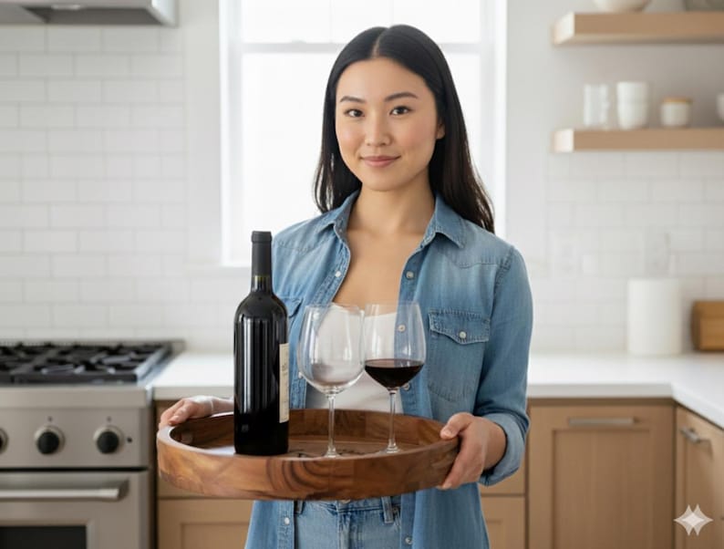 Puede incluir: Una mujer sostiene una bandeja de madera con una botella de vino tinto y dos copas de vino, una de ellas llena de vino tinto. La bandeja est&aacute; en un entorno de cocina con una estufa y armarios.