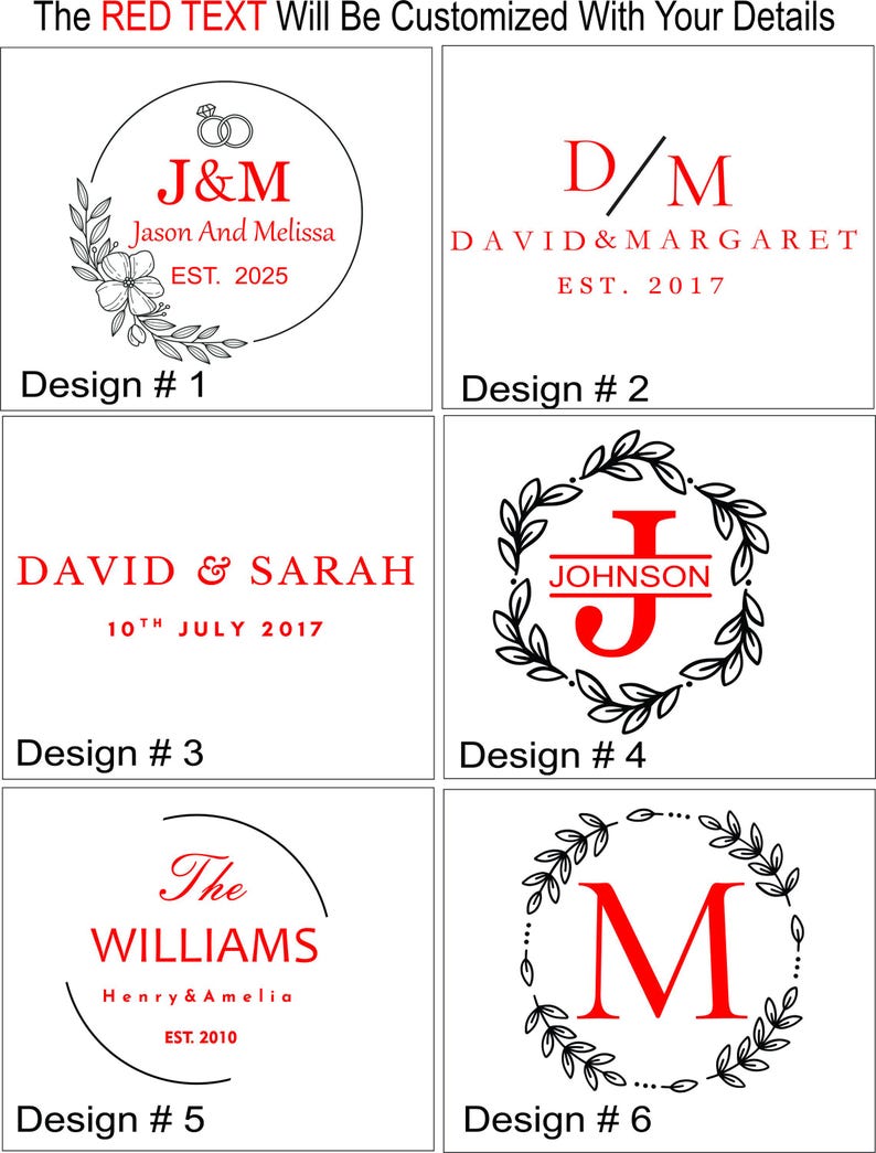 Puede incluir: Se muestran seis plantillas de dise&ntilde;o para bodas o eventos, cada una con texto rojo sobre fondo blanco. Los dise&ntilde;os incluyen nombres, iniciales y fechas, con elementos decorativos como acentos florales y coronas. El texto "The RED TEXT Will Be Customized With Your Details" est&aacute; en la parte superior.
