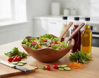Personalized Acacia Wood Salad Bowl Set | Engraved Wooden Serving Bowl with Utensils Lotus Shape