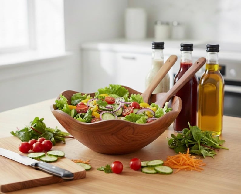 Personalized Acacia Wood Salad Bowl Set | Engraved Wooden Serving Bowl with Utensils Lotus Shape
