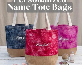 Borsa tote in tela di juta con ricamo tie-dye personalizzato, regalo con nome personalizzato