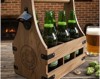Custom Engraved Wooden Beer Caddy | 6 Pack Carrier, Rustic Farmhouse Style