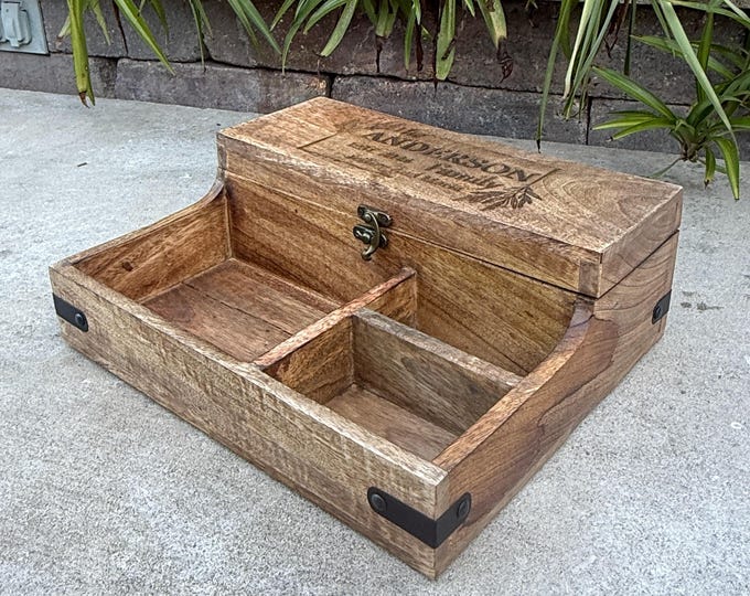 Engraved Wood Nightstand Organizer: Handcrafted Bedside Caddy