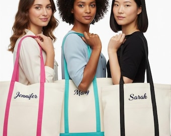Personalized Large Canvas Tote Bag, Custom Embroidered Beach Bag, Bridesmaid Gift, Everyday Carry-all