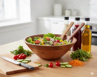 Personalized Acacia Wood Salad Bowl Set | Engraved Wooden Serving Bowl with Utensils