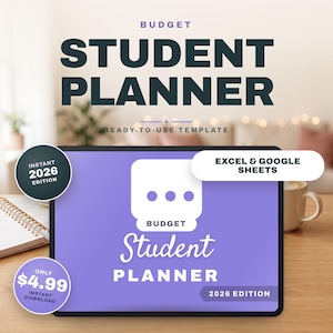Puede incluir: Una tableta digital que muestra una plantilla morada de Budget Student Planner para 2026, compatible con Excel y Google Sheets. La pantalla presenta un icono blanco con tres puntos, el texto Budget Student Planner y una etiqueta 2026 Edition.