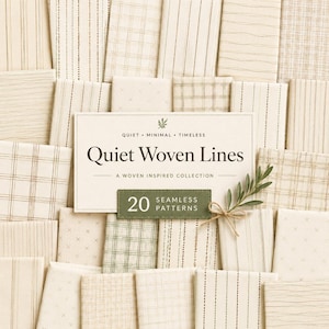 Könnte beinhalten: Eine Sammlung von zwanzig Stoffmustern in Off-White- und Beigetönen mit verschiedenen Linien-, Gitter- und Kreuzstichmustern. Ein zentrales rechteckiges Etikett zeigt den Text Quiet Woven Lines, A Woven Inspired Collection und 20 Seamless Patterns.