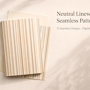 Puede incluir: Varios cuadernos con cubiertas neutras. El cuaderno superior presenta rayas verticales en tonos beige y marrón. El texto dice "Neutral Linework Seamless Patterns" y "12 Seamless Designs - Digital Download".