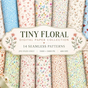 Papel digital con estampado floral en miniatura, 14 patrones sin costuras de estilo cottagecore en tonos pastel, archivos JPG.
