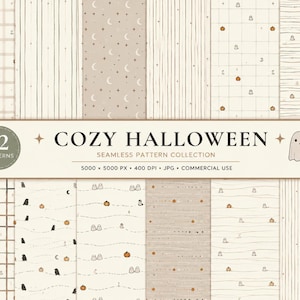 May include: A collection of 12 seamless digital patterns featuring Halloween motifs like ghosts, pumpkins, moons, and stars in a neutral beige and brown colour palette. The text reads COZY HALLOWEEN SEAMLESS PATTERN COLLECTION 5000 x 5000 PX 400 DPI JPG.