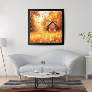Autumn Cabin Wall Art Cozy Rustic Cottage in Golden Meadow, Fall Home Decor