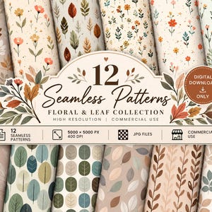 Puede incluir: Una colección de 12 patrones sin costuras con diseños florales y de hojas en tonos tierra. El texto dice 12 Seamless Patterns Floral & Leaf Collection, Digital Download Only, 5000 x 5000 px, 400 DPI, JPG Files y Commercial Use.