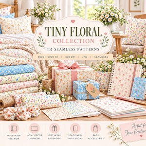 Può includere: Una collezione digitale di 13 motivi senza cuciture con minuscoli disegni floreali in vari colori. L'esposizione include rotoli di tessuto, regali incartati, quaderni e una tazza, tutti decorati con stampe di fiori e il testo Tiny Floral Collection.