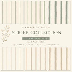 Könnte beinhalten: Eine digitale Sammlung von 12 nahtlosen Streifenmustern in Salbei- und Neutraltönen. Das Bild zeigt sechs quadratische Muster mit vertikalen Linien in verschiedenen Breiten und Texturen sowie den Text FRENCH COTTAGE STRIPE COLLECTION.