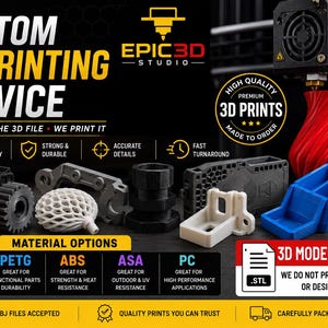 May include: A 3D printing service advertisement featuring a black background with yellow and white text. The image displays various 3D printed objects in red, black, white, and blue, alongside a 3D printer head creating a red spiral object.