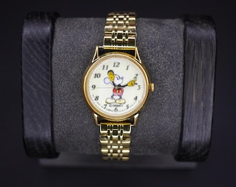 Reloj vintage DISNEY LORUS V515-6000 dorado de Mickey Mouse, correa de acero inoxidable, batería nueva